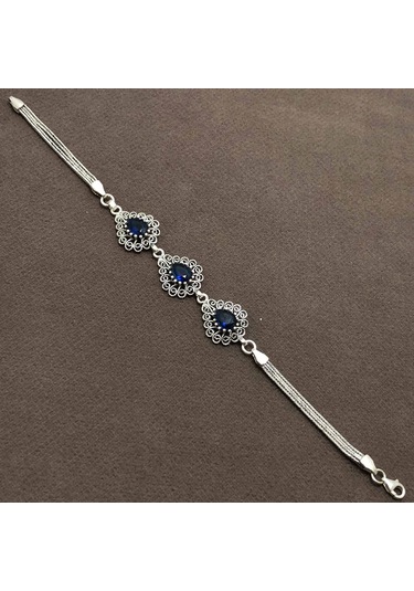 Midyatgümüşnurtaş-Safir Taşlı Damla Model Telkari Gümüş Bileklik