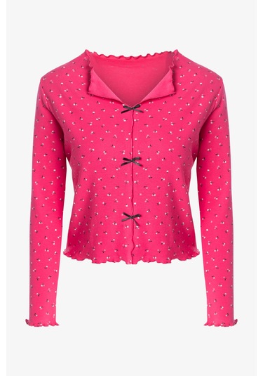 Kadın Pamuklu Çıtır Çiçek Desenli Baby Overloklu Fiyonk Detaylı Uzun Kollu Pijama Takımı Çok Renkli