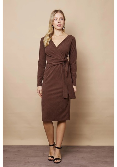 Kadın Kadife Kumaş Kruvaze Anvelop Bağcıklı Uzun Kol Diz Altı Elbise-kahve Kahve