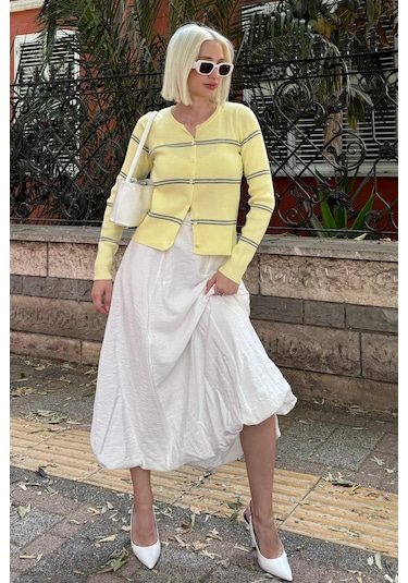 Madmext Sarı Çizgili Kadın Triko Hırka Mg2481 Sarı