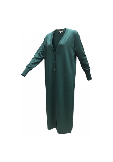 Kadın Önü Düğmeli V Yaka Cepli Mevsimlik Hırka Zümrüt