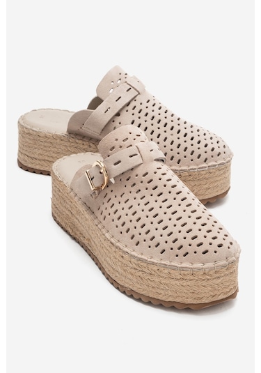 Luvishoes Louıs Bej Süet Hakiki Deri Burnu Kapalı Hasır Dolgu Taban Terlik Bej