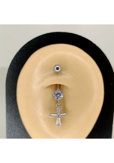 Aya Tasarım Gümüş Renkli Taşlı Haç Figürlü Göbek Piercing Gümüş