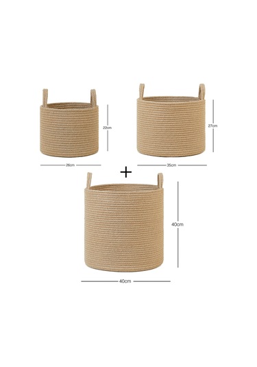 Ocean Home Textile 3'lü Jüt Halat Sepet Set 26 x 22 / 35 x 27 / 40 x 40 cm