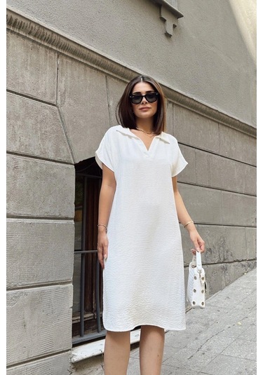 Ekru Kısa Kol, Polo Yaka, Dokulu Kumaş, Basic Kalıp/kesim, Aerobin Rahat Midi Elbise Ekru