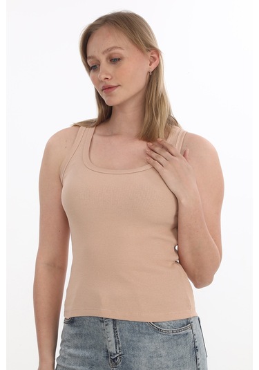 Monox Kadın Fitilli Likralı Pamuklu Askılı Atlet Vizon