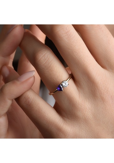 14 Ayar Altın Kaplama Kişiselleştirilebilir Kalp Ve Yuvarlak Renkli Taşlı Yüzük - Rs00108 Altın