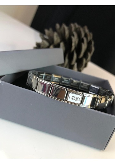 Erkek Kadın Çelik Bileklik - Audi Logo Model Italy Charm Nomi Sevgiliye Eşe Babaya Gümüş