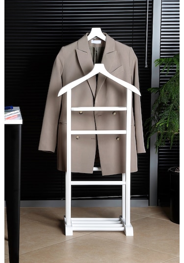 İki Tepeli Dilsiz Uşak Beyaz Masif Ahşap Palto Ceket Cüppe Ofis Beyaz