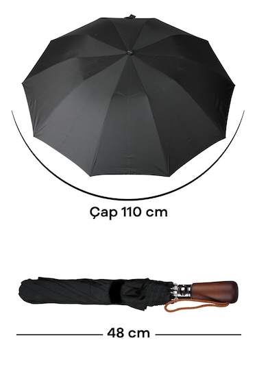 Ahşap Sap 110 Cm Elegant Otomatik Çelik 10 Telli Siyah Şemsiye Rüzgar Korumalı Ponçi Kumaş Siyah