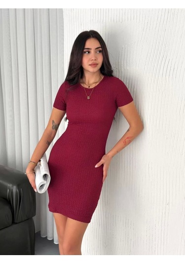 Kadın Bisiklet Yaka Kısa Kol Likralı Elbise - Bordo Bordo