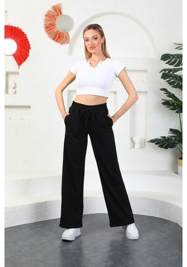 Kallima Siyah Mevsimlik Salaş Rahat Bol Paça Kadın Eşofman Altı Siyah