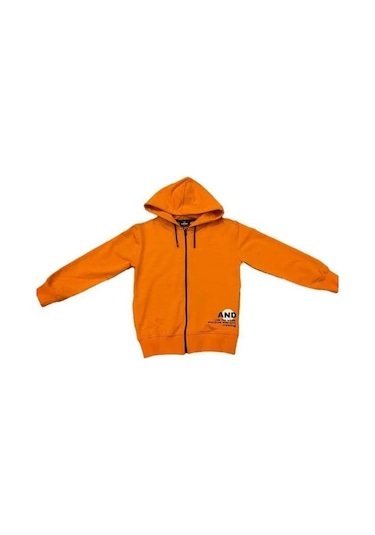 Erkek Çocuk Kapüşonlu Fermuarlı Pamuklu Hırka-15355 Turuncu