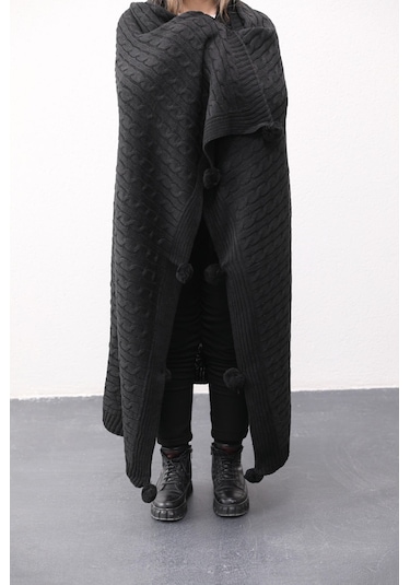 Biocotton Triko Ponponlu Örgü Tv Battaniyesi - Siyah