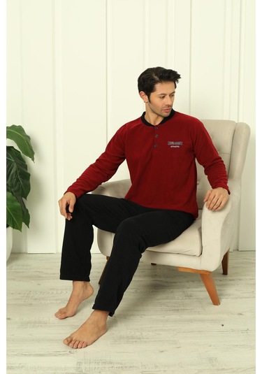 Erkek Cepli Kışlık Polar Pijama Takımı 2248 Bordo