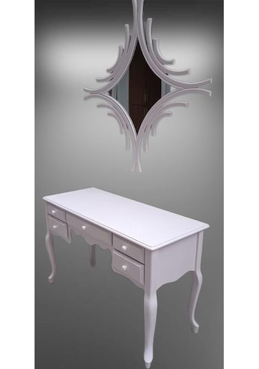 Dresuar Makyaj Masa 5 Çekmece Cnc Ayna Kayın Aslan Ayak Parlak Beyaz Lake El Yapımı Beyaz