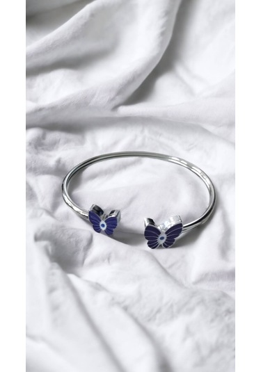 Çelik Mor Kelebek Detaylı Gümüş Renkli Kararmaz Kadın Bilezik Bileklik Çelik