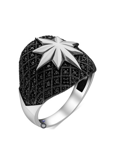 925 Ayar Gümüş Mikro Taş Işlemeli Kutup Yıldızı Motifli Yüzük