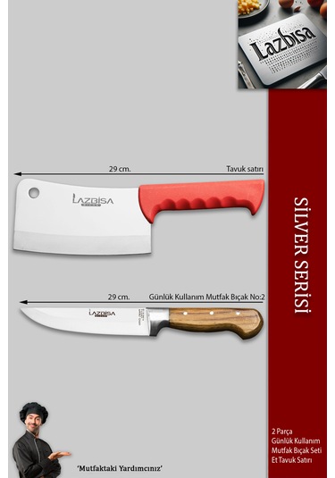 Silver Serisi Mutfak Bıçak Seti Sebze Et Tavuk Satırı Mft-457 Ahşap - Kırmızı