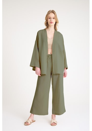 Keten Kadın Salaş Kimono İkili Haki Takım Haki