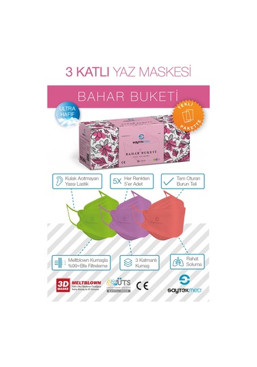 Saytekmed Meltblown Filtre Özel Tasarım ve Renkler Bahar Buketi Maske (1 Kutu/ 15 Adet)