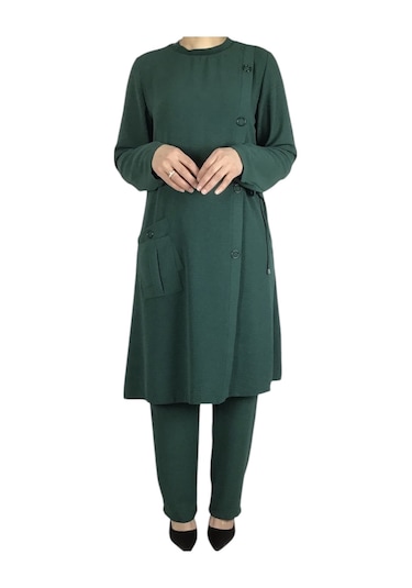Kadın Önden Tek Cepli Sahte Düğme Detaylı Pantolon Beli Lastikli İkili Takım Yeşil