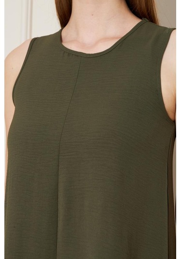 Kadın Sıfır Kol Aerobin Kumaş A Kesim Yırtmaçlı Maxi Yazlık Elbise 3760330 Haki