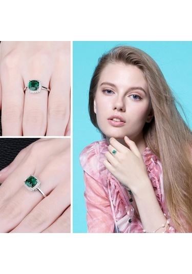 Brezza Lusso Jewelry Zümrüt Taşlı Diamond Tektaş Kare Kadın Gümüş Yüzük 13