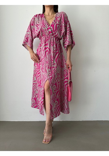 Kadın Kruvaze Yaka Yırtmaçlı Uzun Yazlık Elbise Gri