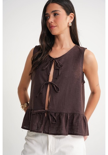 4717 Kadın Önü Bağcıklı Fırfırlı Kolsuz Keten Bluz Kahve Kahve