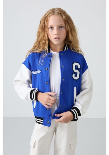 Tommy Life Gece Mavi Pamuklu İçi Tüylü Yumuşak Dokulu Standart Fit Nakışlı Kız Çocuk Kolej Ceket - 75163 Mavi