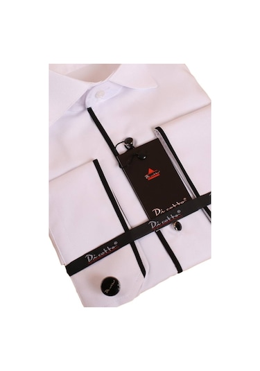 Beyaz Siyah Tek Bieli Damatlık Ata Yaka Kol Düğmeli Slim Fit Smokin Gömlek - 027 001