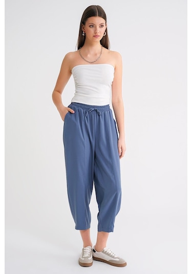 4307 Kadın Beli Lastikli Parçalı Şalvar Pantolon İndigo Indigo