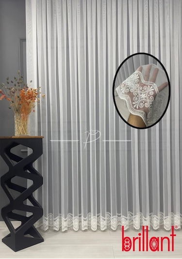 Tül Perde Brillant Marka Su Yolu Yonca Desen Ttm Zemin Kumaş Ultra Dökümlü Ekru