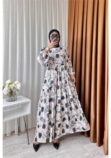 Neşeli Butik Kadın Keten Desenli Tesettür Elbise Sms002 - Siyah Siyah