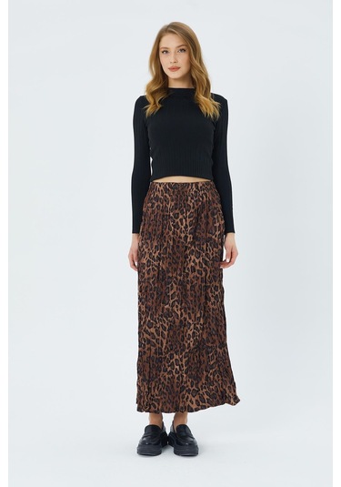 4619 Kadın Leopar Desen Kraşlı Saten Etek Kahve Kahve