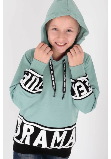 Ahengim Kız Çocuk Drama Baskılı Kapüşonlu Sweatshirt Ak13433 Su Yeşili