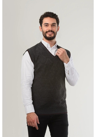 Kamalı Gri Erkek V Yaka Triko Örgü Tüylenmez Süveter Regular Fit Saç Örgü Desenli Gri
