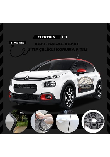 Citroen C3 Oto Araç Kapı Koruma Fitili 5metre Parlak Siyah Renk