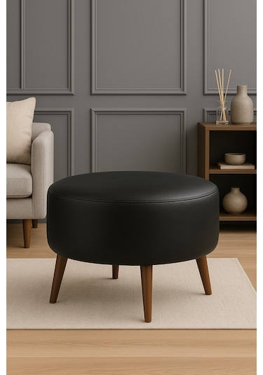 Large Büyük Yuvarlak Modern Puf - 60 Cm - Deri Kumaş - Siyah