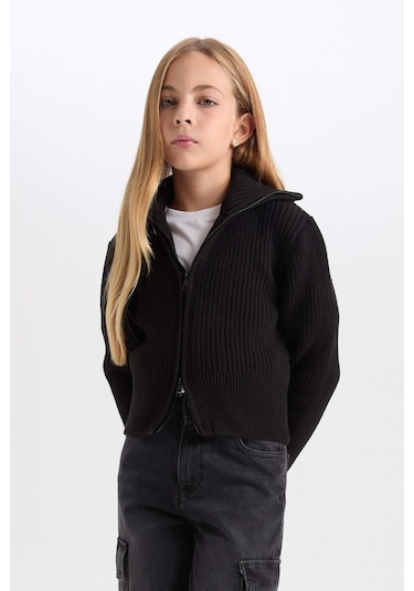 DeFacto Kız Çocuk Basic Düz Dik Yaka Fermuarlı Siyah Triko Hırka C9557A824WNBK27 Siyah