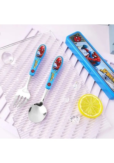 Fastbuy 3'lü Paslanmaz Çelik Örümcek Adam Kaşık Çatal Seti, Ahşap Kutulu, Taşınabilir Yeniden Kullanılabilir Sofra Takımı Ahşap