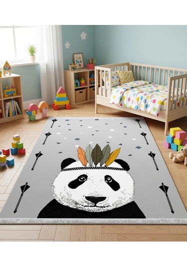 Sevimli Panda Çocuk Odası Halısı Gri