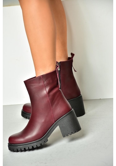 Fox Shoes R654006503 Bordo Hakiki Deri Kalın Topuklu Kadın Bot Bordo