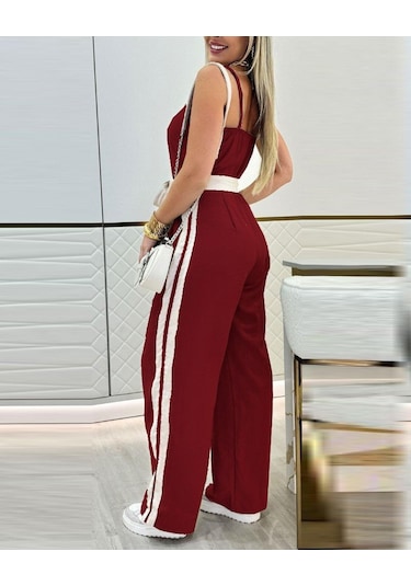 Ahes Shopping Kadın Ip Askılı Straplez Belden Kuşaklı Viskon Iki Iplik Tulum Bordo