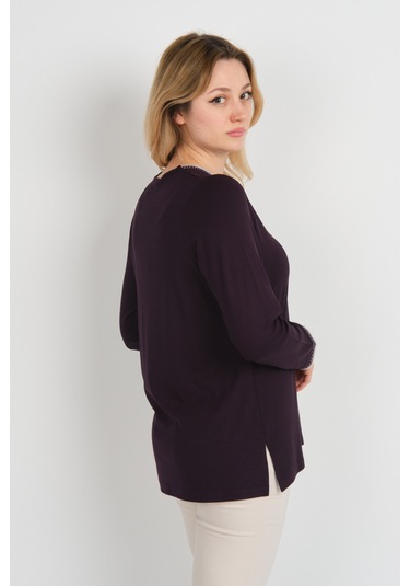 Detay Triko Kadın V Yaka Taş İşlemeli Uzun Kol Anne Bluz 5751 Mürdüm Mürdüm