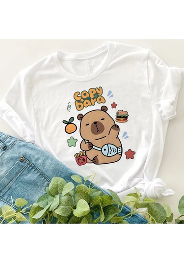 Snapbuy Kapibara Baskılı Çocuk T-shirti 3-10 Yaş Kısa Kollu Yuvarlak Yaka Doğum Günü Hediyesibejerkek Bej