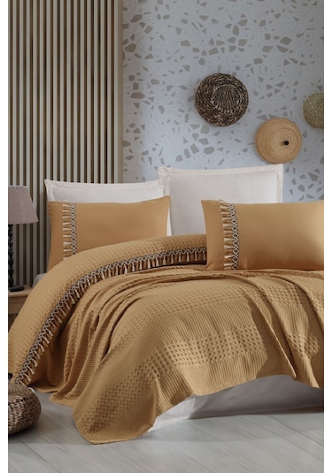 Butik Tek Kişilik Püsküllü Pike Takımı Bohamline V6 Hardal