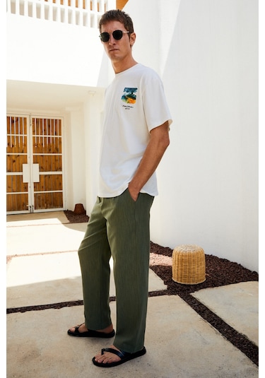 EDVIN Erkek Beli Lastikli Yanları Cepli Keten Karışımlı Relaxed Fit Haki Pantolon EDVIN Erkek Beli Lastikli Yanları Cepli Keten Karışımlı Relaxed Fit Haki Pantolon