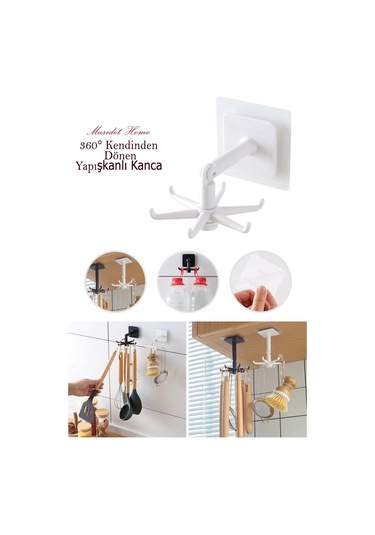 360 Dönen Altı Kancalı Çok Amaçlı Yapışkanlı Askı Mutfak Banyo Takı Askısı - 4 Adet Beyaz